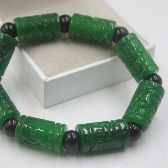 Natural Grade A Jade (jadeite) Green Coin Tube Big Bead Knitted Bracelet - Picture 4 of 5